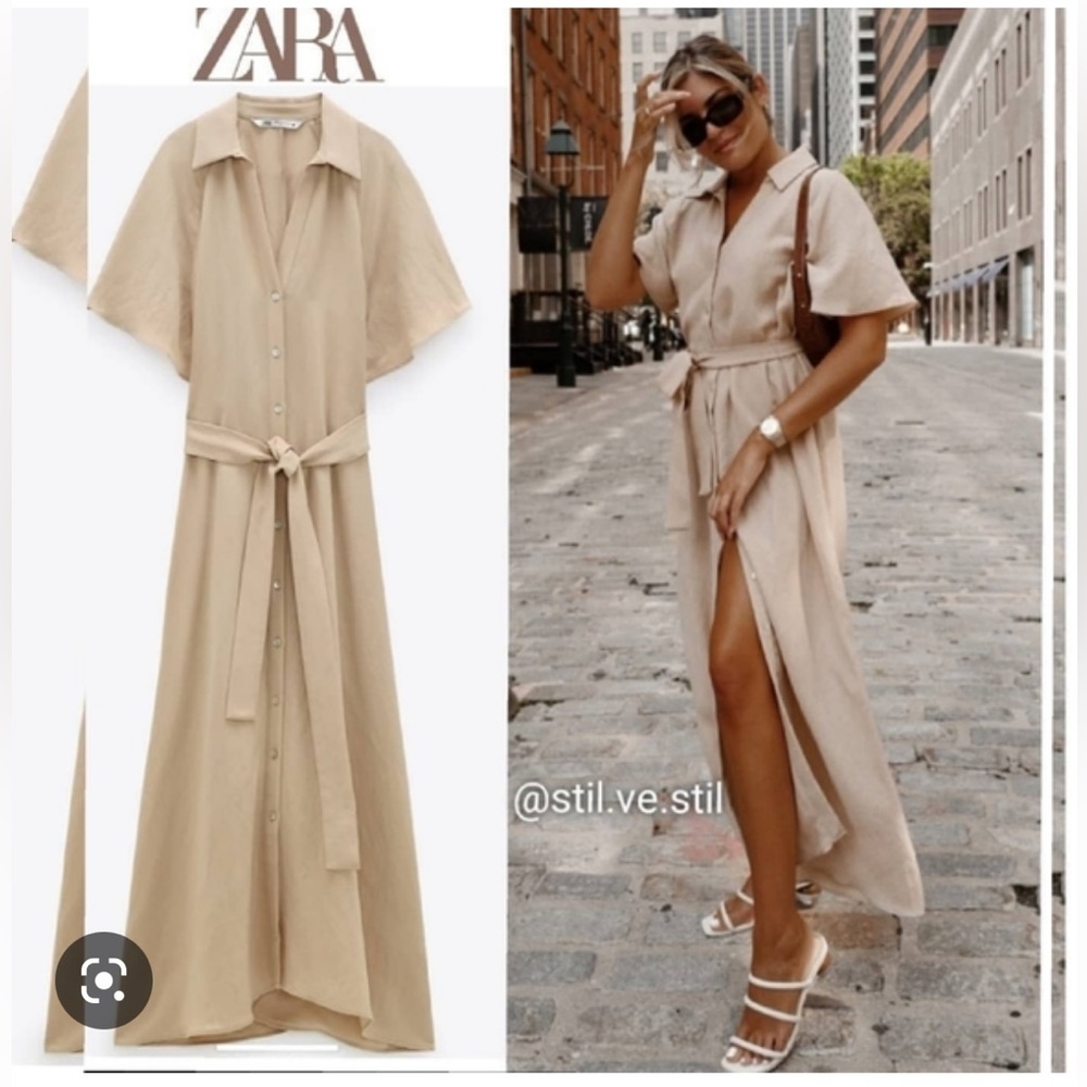 Zara linen Beige Tie-Waist Maxi Shirt Dress